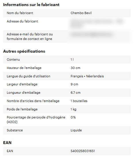 Informations fabricant et spécifications produit sur une fiche Bol.com