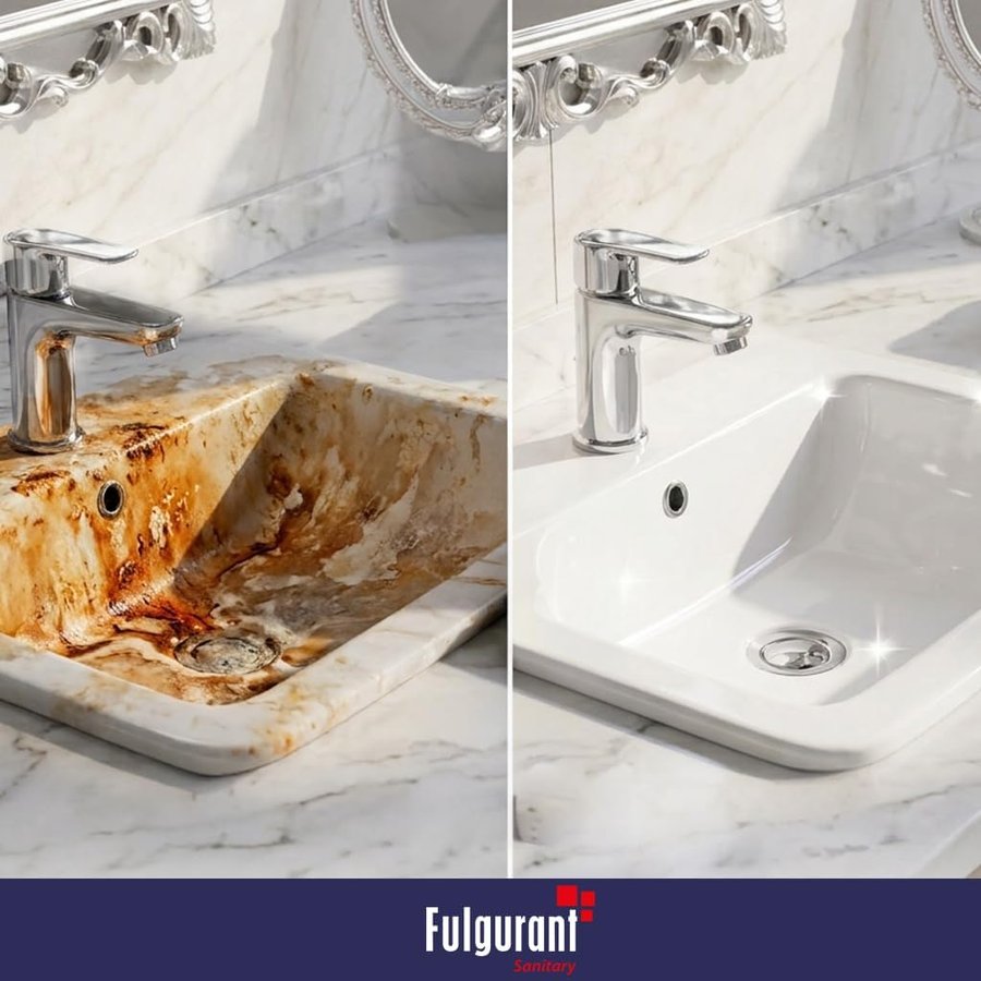 Visuel avant/après d'un lavabo entartré puis nettoyé avec Fulgurant