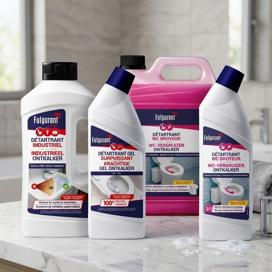 Gamme de détartrants Fulgurant photographiée dans une salle de bain
