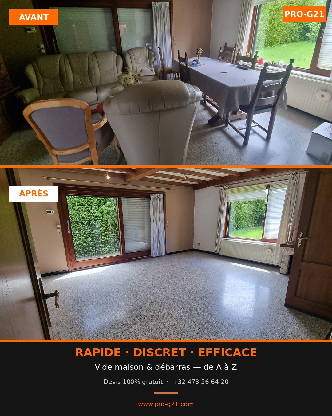Visuel avant/après d'un vide-maison Pro-G21