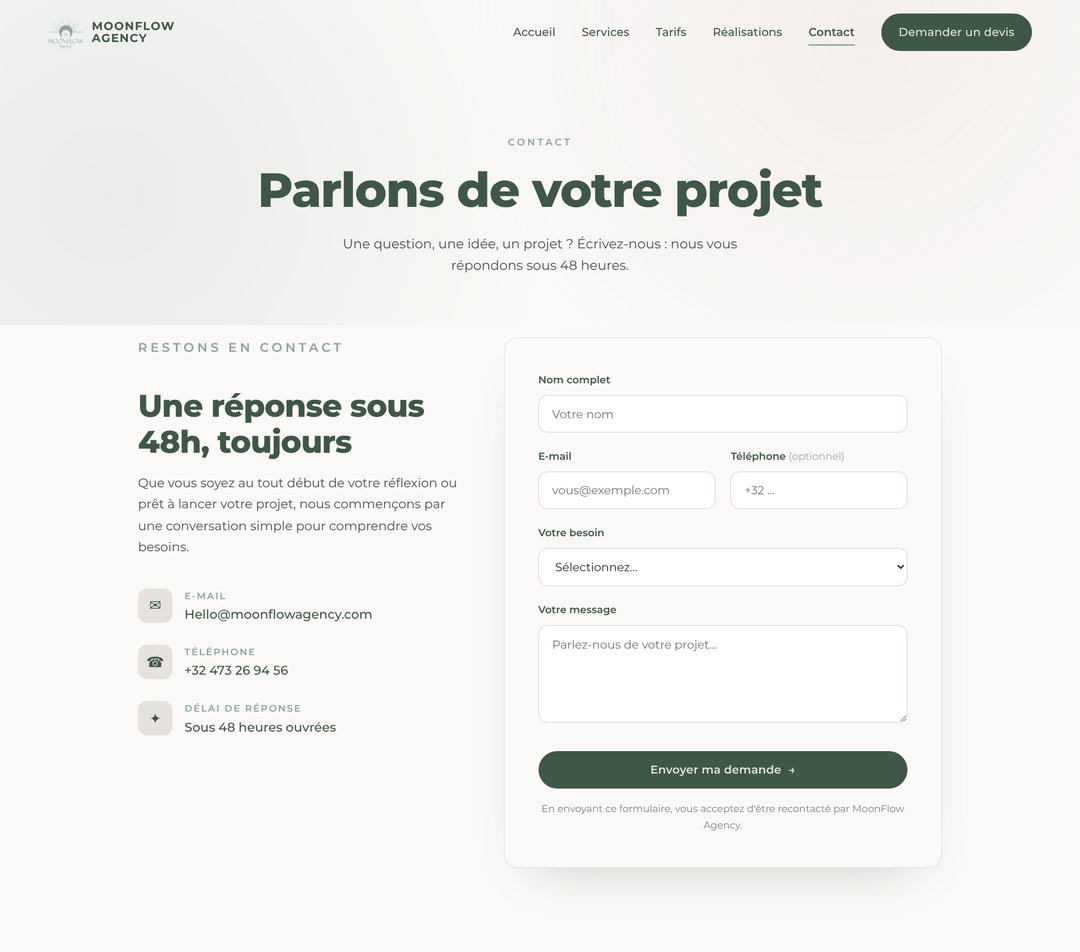Page contact du site MoonFlow Agency