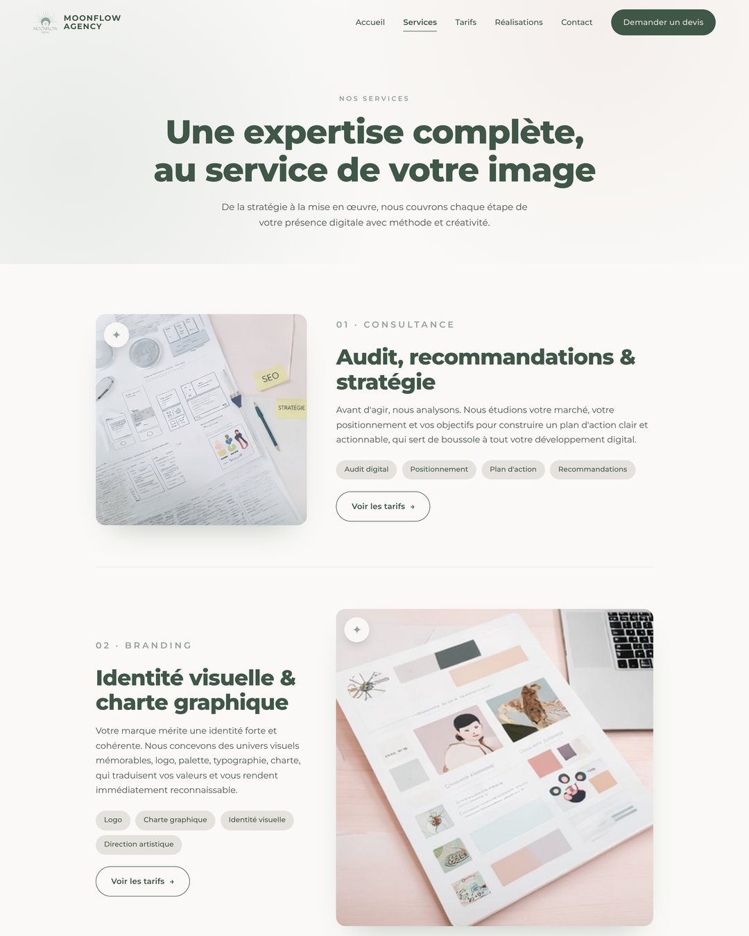Page services du site MoonFlow Agency