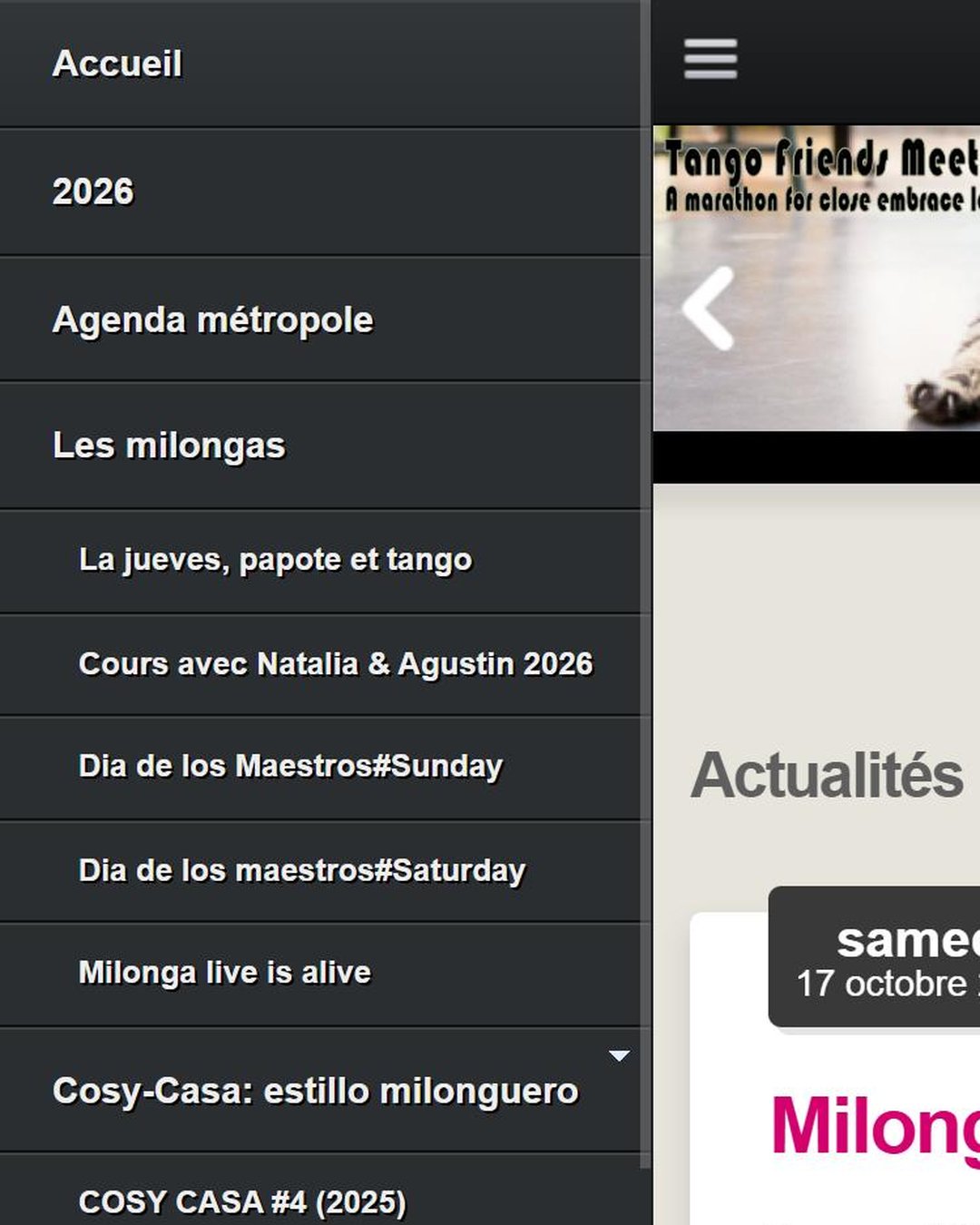 Ancien site de Tango aux Frontières sur mobile, menu ouvert
