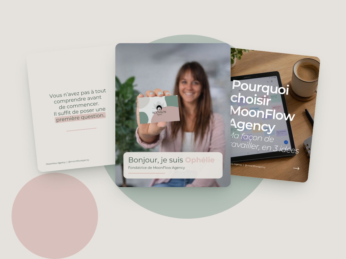 Trois publications Instagram MoonFlow aux couleurs vert sauge et rose poudré